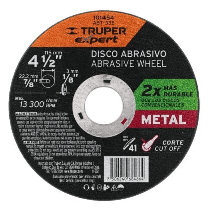 Disco para corte de metal 4-1/2' tipo 41, Truper Expert ABT-335