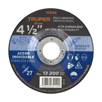 Disco Tipo 27 de 4-1/2' x 6.5 mm desbaste acero inoxidable ABT-372