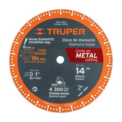 Disco de diamante de 14' x 2.6 mm para corte metal, Truper DID-4140