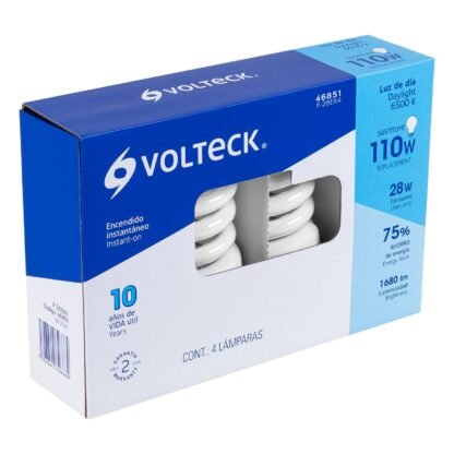 Pack 4 lámparas espiral T4 28 W luz de día, caja, Volteck F-28EX4