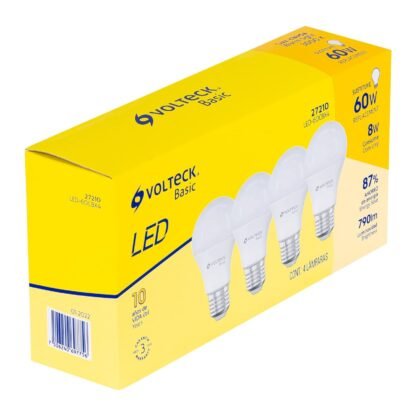 Pack de 4 lámparas de LED A19 8 W luz cálida, caja, Volteck LED-60CBX4