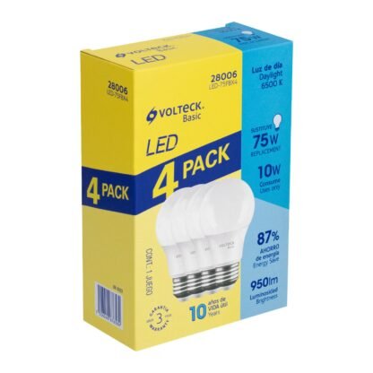 Pack de 4 lámparas de LED A19 10 W luz de día, caja, Volteck LED-75FBX4